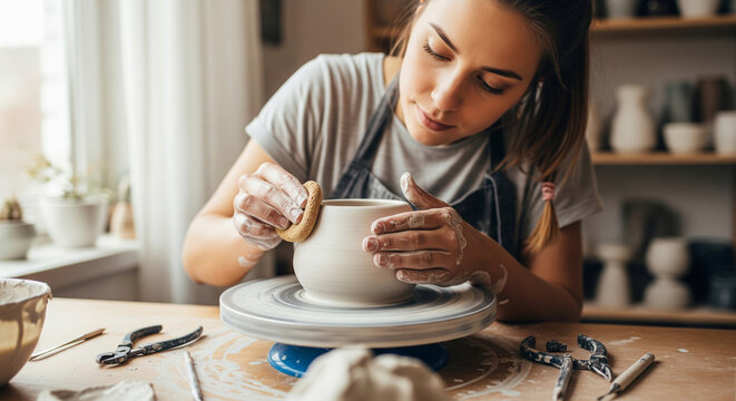 Young female potter shaping clay product with pottery sponge at table in home studio, close-up, craft production - Powered by Adobe