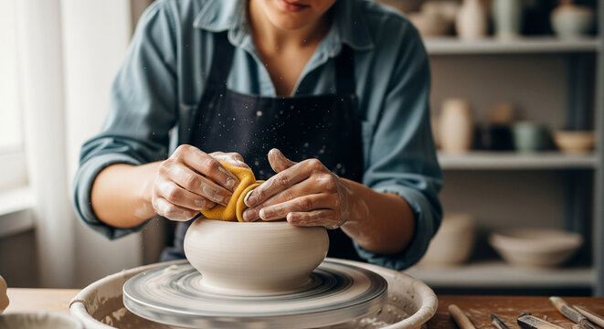 Young female potter shaping clay product with pottery sponge at table in home studio, close-up, craft production - Powered by Adobe