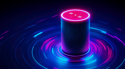 Fototapeta premium Futuristic Smart Speaker with Neon Light Trails,cylinder