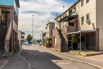 A view of government built flats in Langa Township, Cape Town, South Africa in springtime