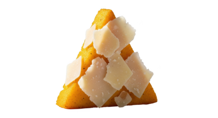 Polenta triangle topped with shaved parmesan cheese