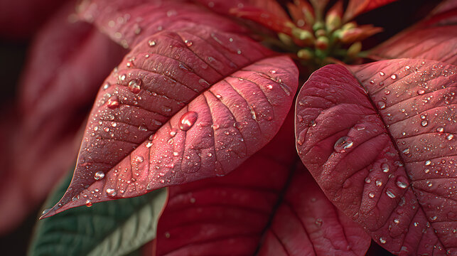 Close up of red poinsettia leaves with some green, hyper realistic details macro photography