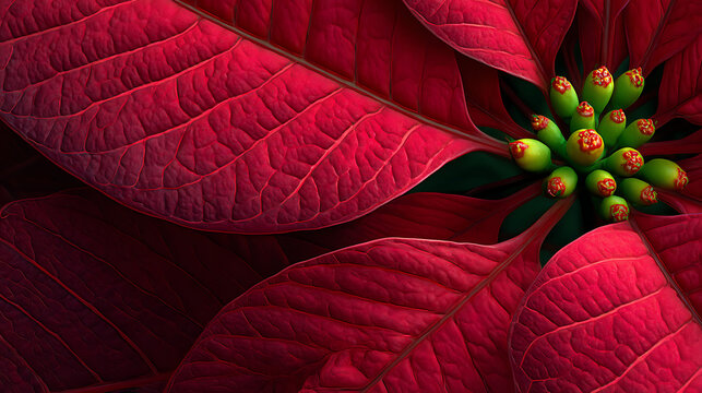 Close up of red poinsettia leaves with some green,photorealistic, hyper realistic macro photography details