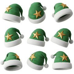 3D Rendered Santa Hats Collection &ndash;  Green Gold Star  Designs for Christmas Holiday Graphics, Ads, and Festive Projects