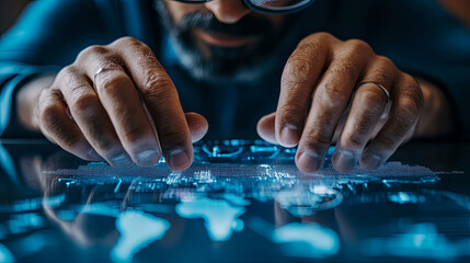 Advertising photo of A Caucasian man exploring a 3D holographic map of travel destinations --chaos 45 --ar 16:9 --profile eh6xtt3 --stylize 250 --v 6.1 Job ID: 51d97103-398a-4e84-beb5-56ed806c6544