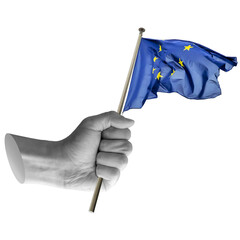 Hand holding European Union flag. Represents EU, unity, cooperation, or European market. Part of series