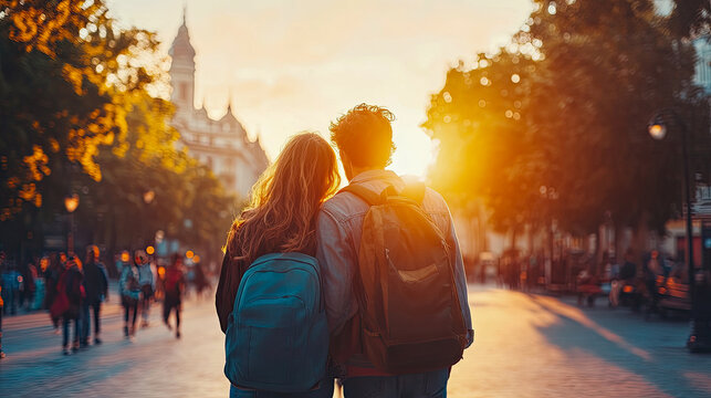 Romantic couple with backpacks strolling down bustling city street, bathed in warm glow of golden hour sunset, symbolizing shared adventures and exploration. - Powered by Adobe