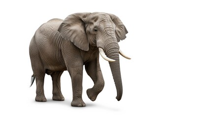 Obraz premium African elephant walking on white background. Features detailed skin texture, large ears, and prominent tusks. Perfect for wildlife, nature, and conservation projects.