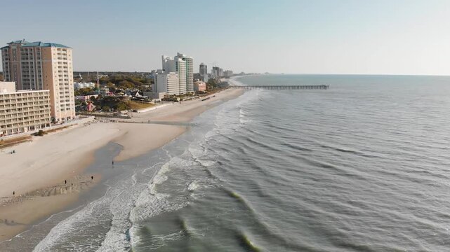 Aerial view of Myrtle Beach coastline and buildings from drone, South Carolina