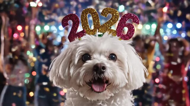 Dog with 2026 headband celebrates with people and fireworks