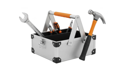 Silver toolbox with orange handled tools and hammer