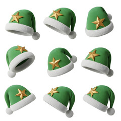 3D Rendered Santa Hats Collection &ndash;  Green Gold Star  Designs for Christmas Holiday Graphics, Ads, and Festive Projects