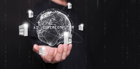 A globe with an AI supercomputer orbiting in a man hand. Super computers everywhere for everyone concept. Artificial intelligence and powerful high performance computing are used globally.
