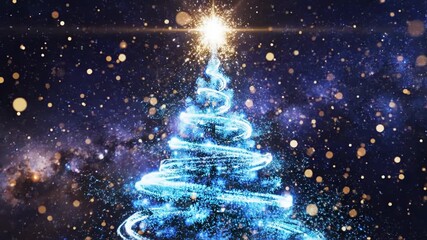 Illuminated christmas tree made with glowing blue light displays against a starry night sky - Powered by Adobe