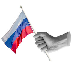 Hand holding Russian flag. Represents Russia, national identity, or geopolitical presence. Part of series