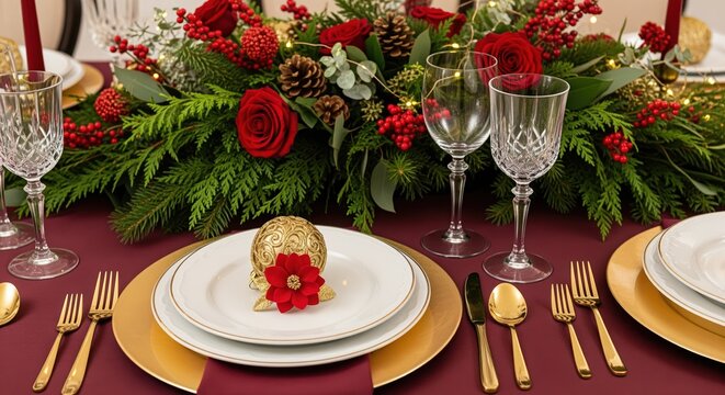 Festive holiday table setting with gold flatware, white plates, and burgundy tablecloth. Fresh evergreen centerpiece with red roses and berries creates warm atmosphere for Christmas dinner. - Powered by Adobe