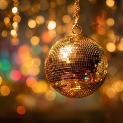 Golden Disco Ball with Sparkling Lights Creating a Festive Retro Atmosphere