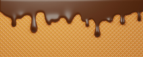 Dynamic Chocolate Splash, ice cream melt drip for dessert designs or summer graphics. Dripping melted chocolate on waffle background. 3d render. 
