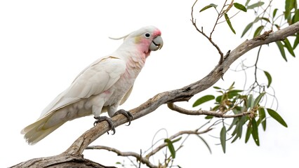 White cockatoo with pink cheek patches very beautiful isolated on white background With shadow. AI GENERATED.  