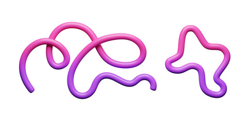 Obraz premium 3d Pink Purple Set of doodle line elements - curved loop, wavy ribbon for creative decorative modern graphic design. Smooth plastic shapes on transparent background 