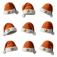 3D Rendered Santa Hats Collection &ndash; Orange Gold Star  Designs for Christmas Holiday Graphics, Ads, and Festive Projects