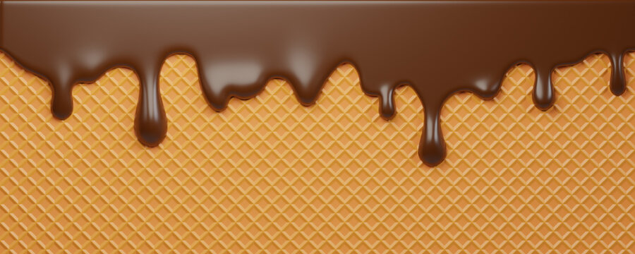 Dynamic Chocolate Splash, ice cream melt drip for dessert designs or summer graphics. Dripping melted chocolate on waffle background. 3d render. 
