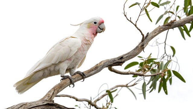 White cockatoo with pink cheek patches very beautiful isolated on white background With shadow. AI GENERATED.  