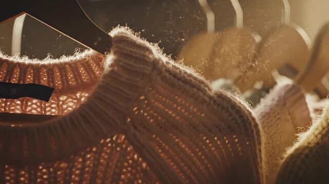 Row of colorful knitted sweaters hanging on wooden hangers in warm light