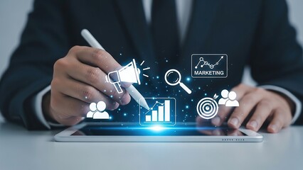 Digital marketing strategy with businessman using tablet