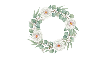 White rose and eucalyptus wreath watercolor illustration