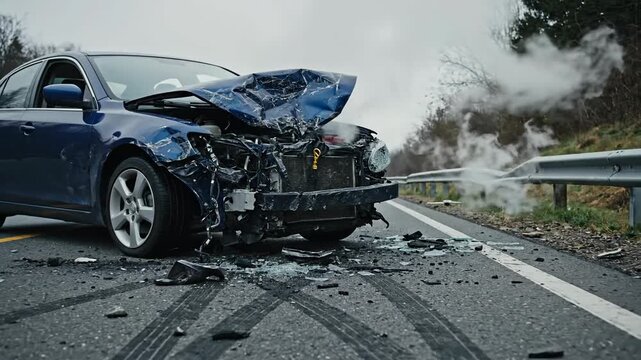 Blue car wreckage smoking on roadside after accident with danger.