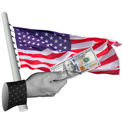 Hand holding US hundred-dollar bill near American flag. Represents US economy, dollar dominance, or financial power. Part of series