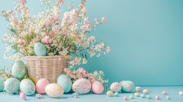 Delicate pastel Easter eggs and vibrant bouquet of fresh spring flowers beautifully arranged in wicker basket, set against serene light blue background, providing ample copy space for seasonal designs
