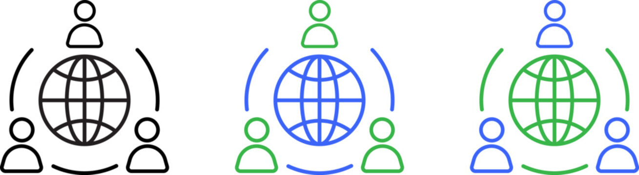 Global teamwork and communication icon set three people connected around the world globe network and connection concept