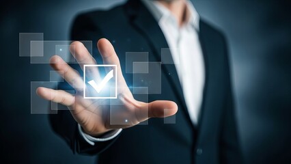 Businessman hand selecting choice option on virtual screen interface concept