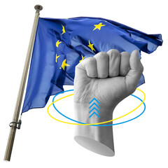 Hand with fist gesture near EU flag and circular arrows. Symbolizes European strength, unity, or economic resilience. Part of series
