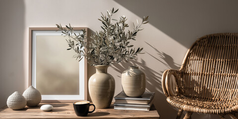 Modern living room interior with table and armchair