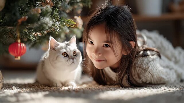 Girl and Cute Cat's Warm Interaction Under the Christmas Tree