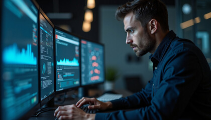 Young man focused on data analysis at desk with multiple computer monitors, typing on keyboard. Professional engaged in intricate data analysis, reviewing charts, graphs, and code across screens.