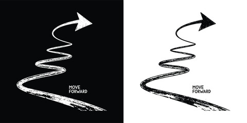 A dynamic arrow created with a chalklike brush stroke, indicating direction and movement, shown in contrasting black and white