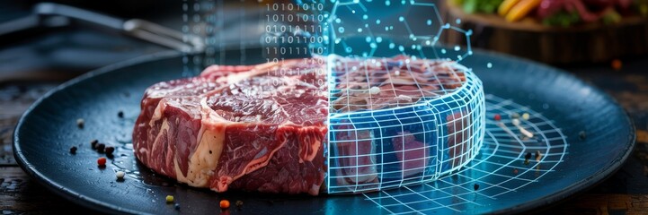 Raw beef steak with digital wireframe and molecular analysis data
