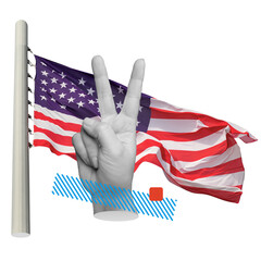 Hand showing peace sign near American flag. Represents diplomacy, peace, or positive relations with USA. Part of series