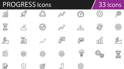 Progress icons set, development symbols, achievement graphics, vector illustration for business growth, success tracking, productivity visuals