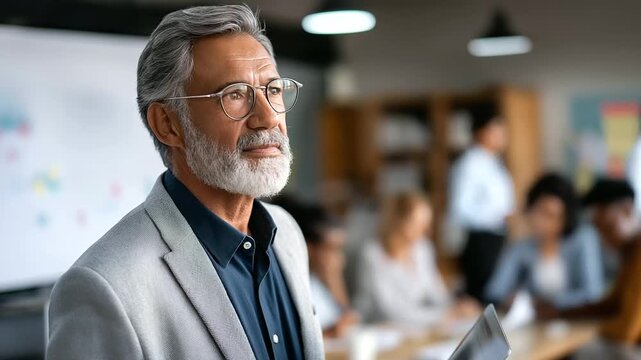Faceless mature leader teaching young diverse professionals defocused office background with presentation screen providing knowledge and sharing strategic plans mentoring