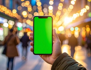 Hand holding a modern phone with a green screen interface amidst the bustling cityscape, inviting creative digital content.