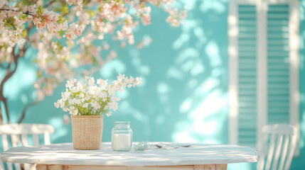 Serene Outdoor Cafe Setting with White Flowers, Cherry Blossoms, and Aqua Blue Wall Shadows, Perfect for Springtime Relaxation