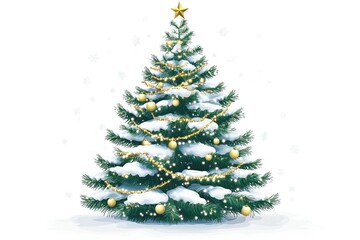 Fototapeta premium Festive christmas tree with snow, ornaments, and lights holiday season celebration art