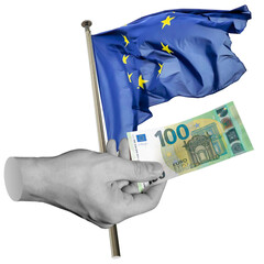 Hand holding Euro banknote near EU flag. Represents European economy, euro currency, or financial integration. Part of series