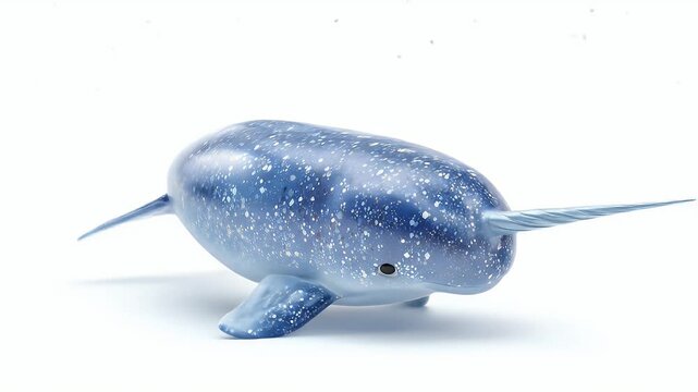A stunning toy narwhal with a long horn and blue color on white.