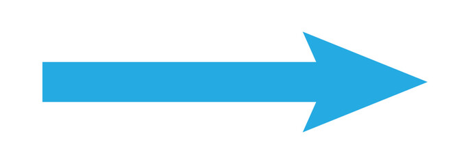 Obraz premium Bold long blue arrow icon. Flat style long blue arrow pointing to the right side. Horizontal long arrow isolated on white background.